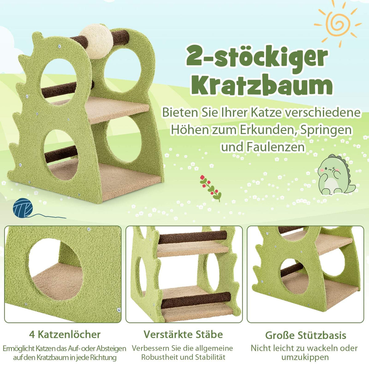 Cat Tree with 2 Levels, Dinosaur Shape, Green, 48x37x58 cm