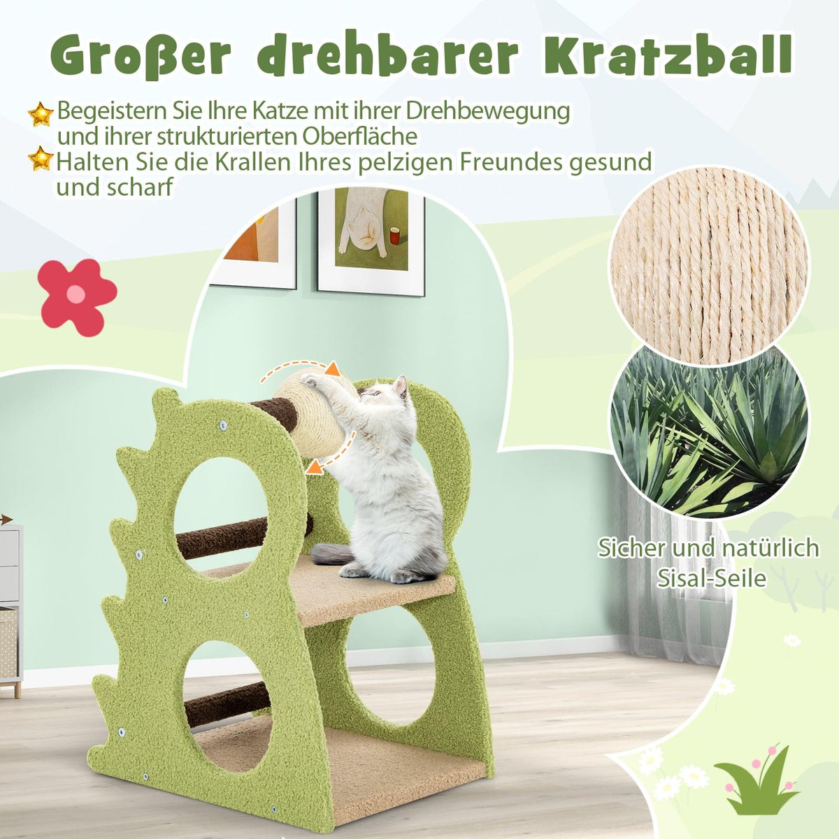 Cat Tree with 2 Levels, Dinosaur Shape, Green, 48x37x58 cm