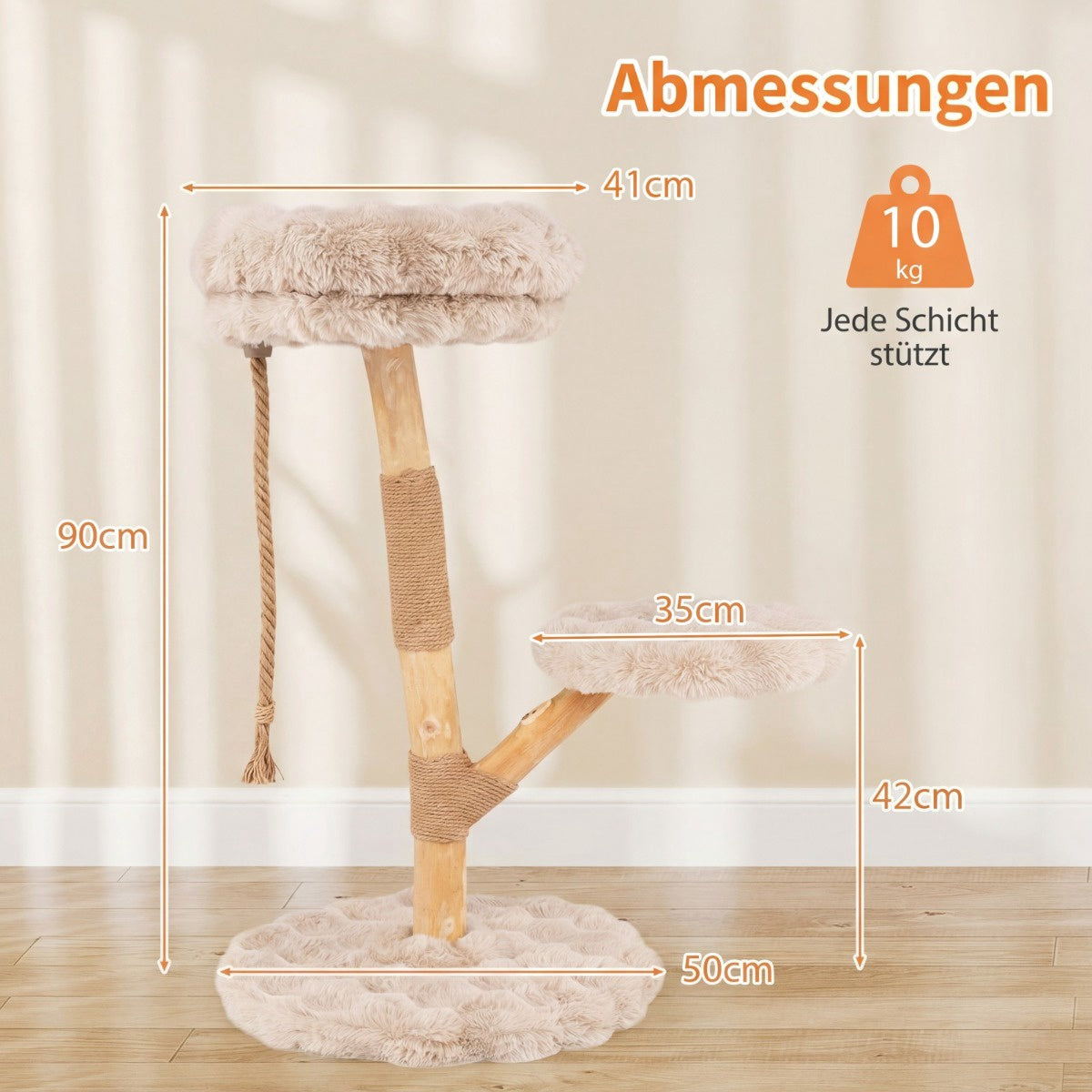 Cat Tree with 3 Plush Platforms, Jute Posts, 90 cm, Beige