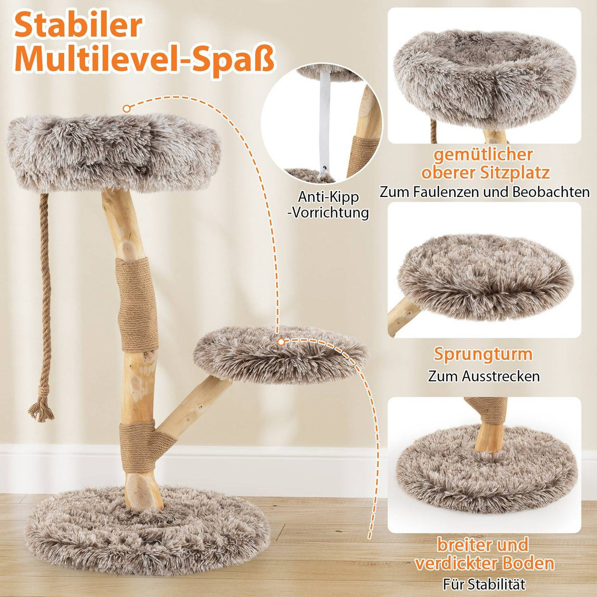 Cat Tree with 3 Plush Platforms, Jute Posts, 90 cm