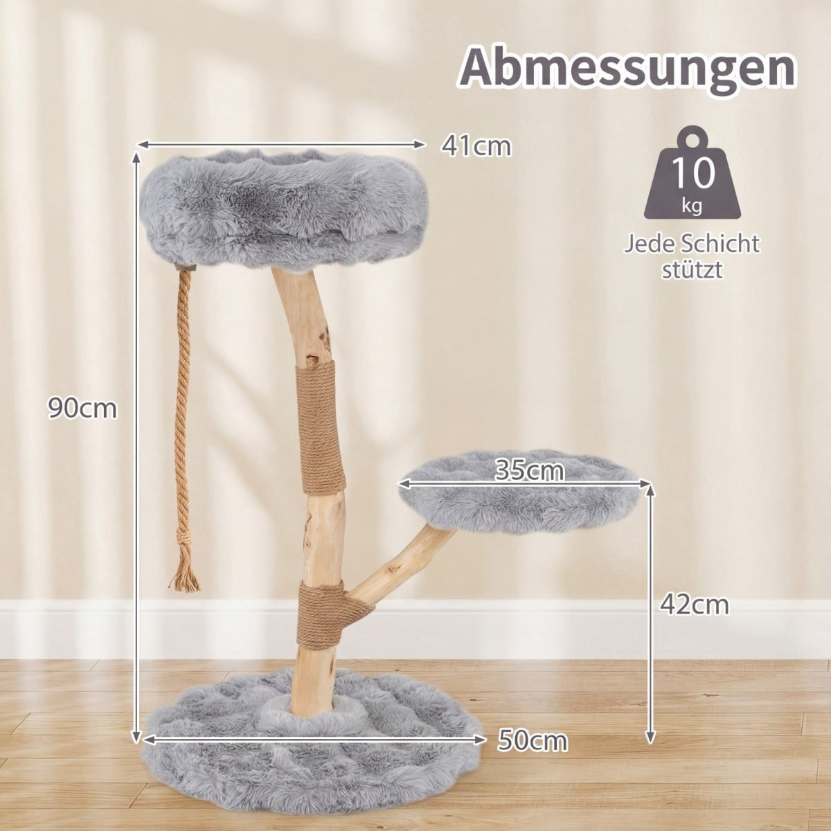 Cat Tree with 3 Plush Platforms, Jute Posts, 90 cm, Grey