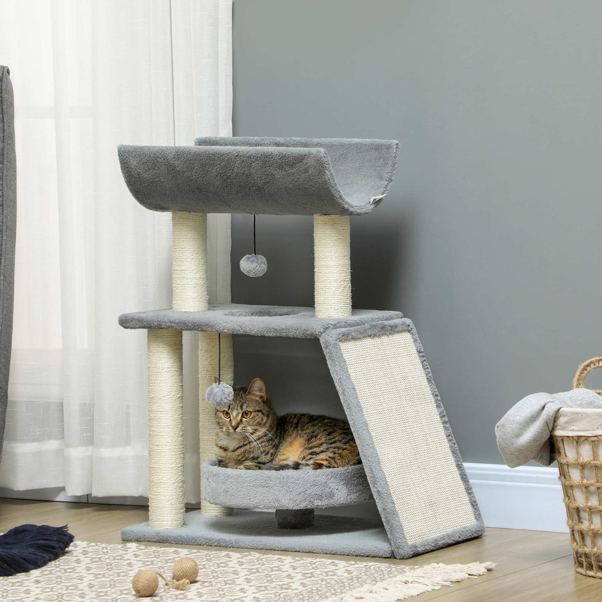 Cat Tree with Bed & Toys, Light Grey, 60 x 30 x 76 cm