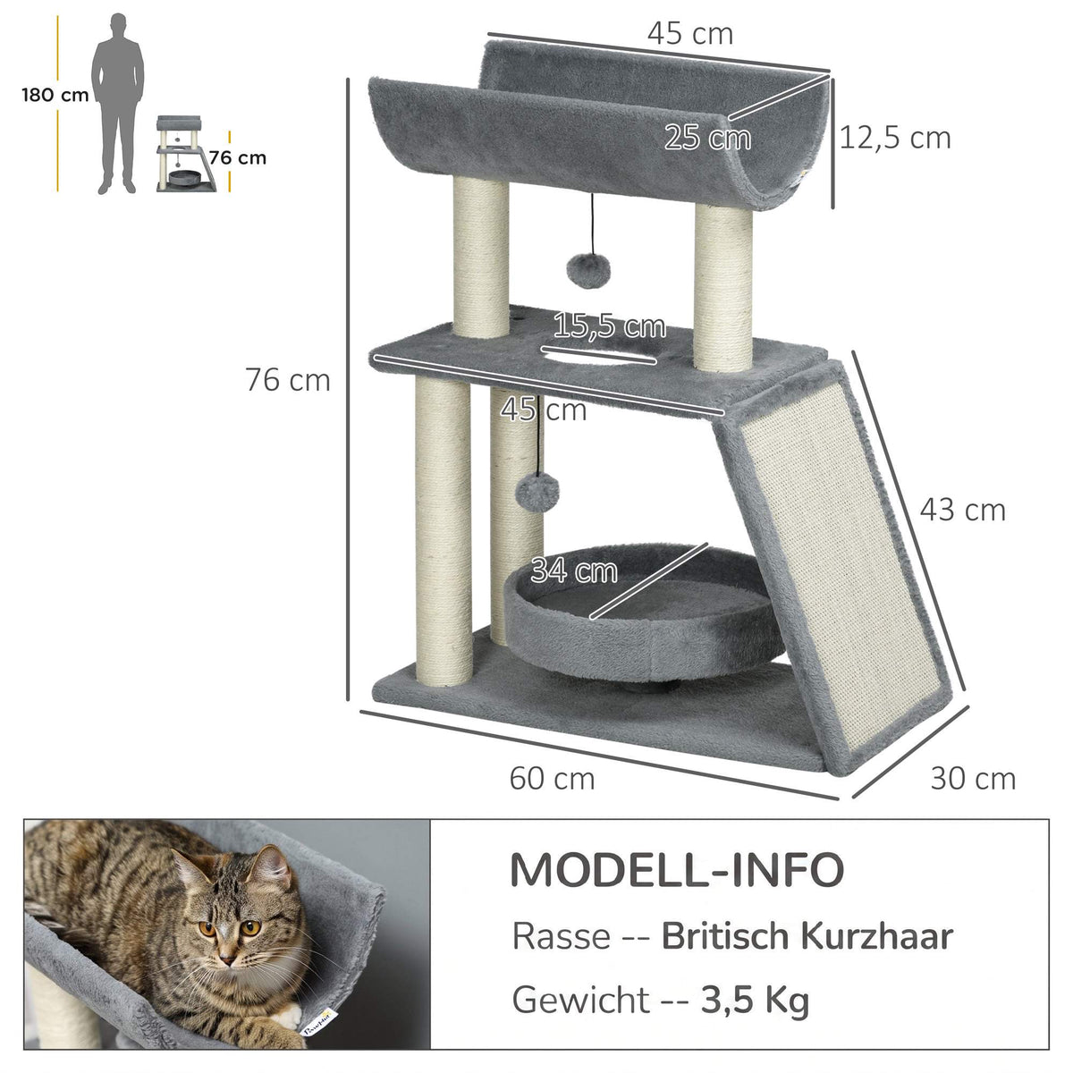 Cat Tree with Bed & Toys, Light Grey, 60 x 30 x 76 cm
