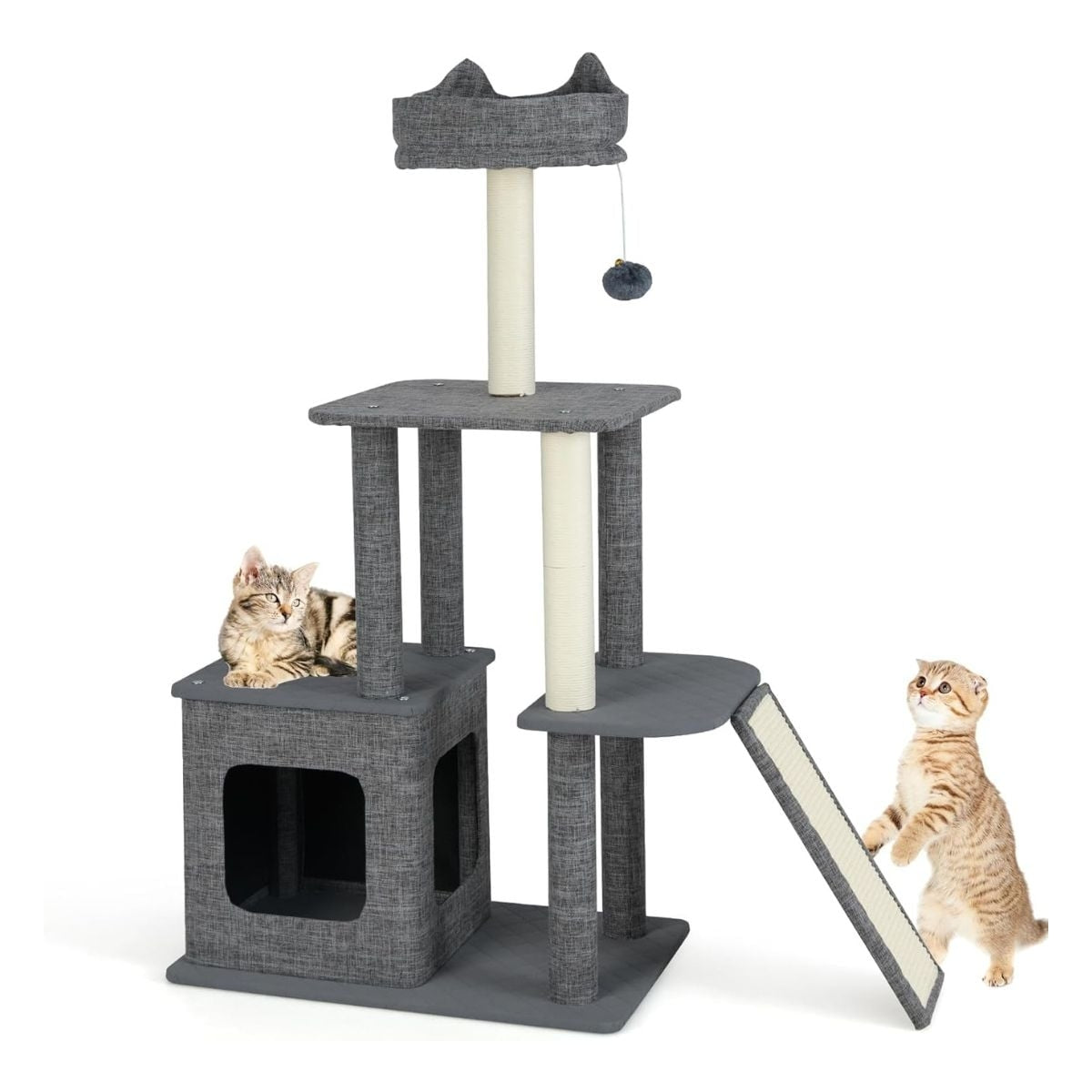 Cat Tree with Cave, Scratching Posts, Sisal Ramp, Ball