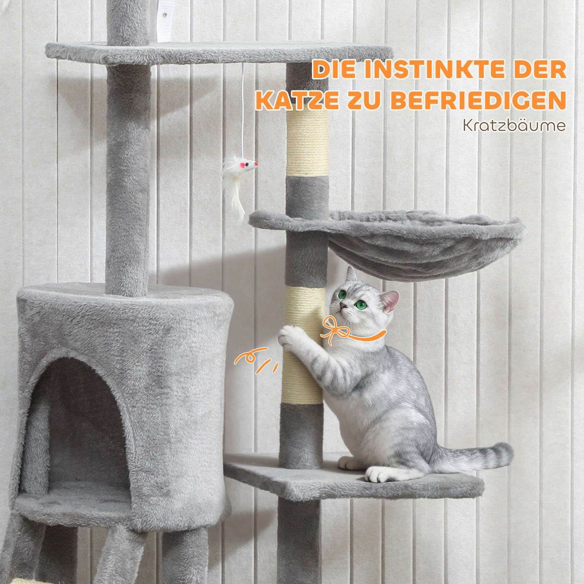 Cat Tree with Cave, Sisal Posts, Toys, for Cats <5kg, Gray
