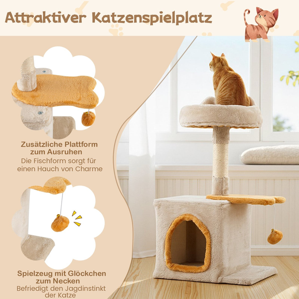 Cat Tree with Fish-Shaped Platform, Sisal Posts, Plush Seat