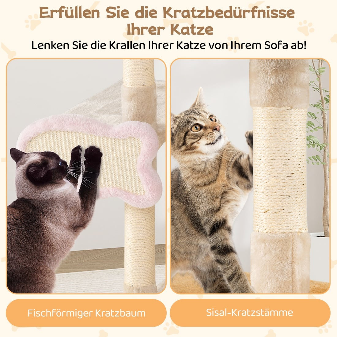 Cat Tree with Fish-Shaped Scratcher, Sisal Posts, Plush Cave