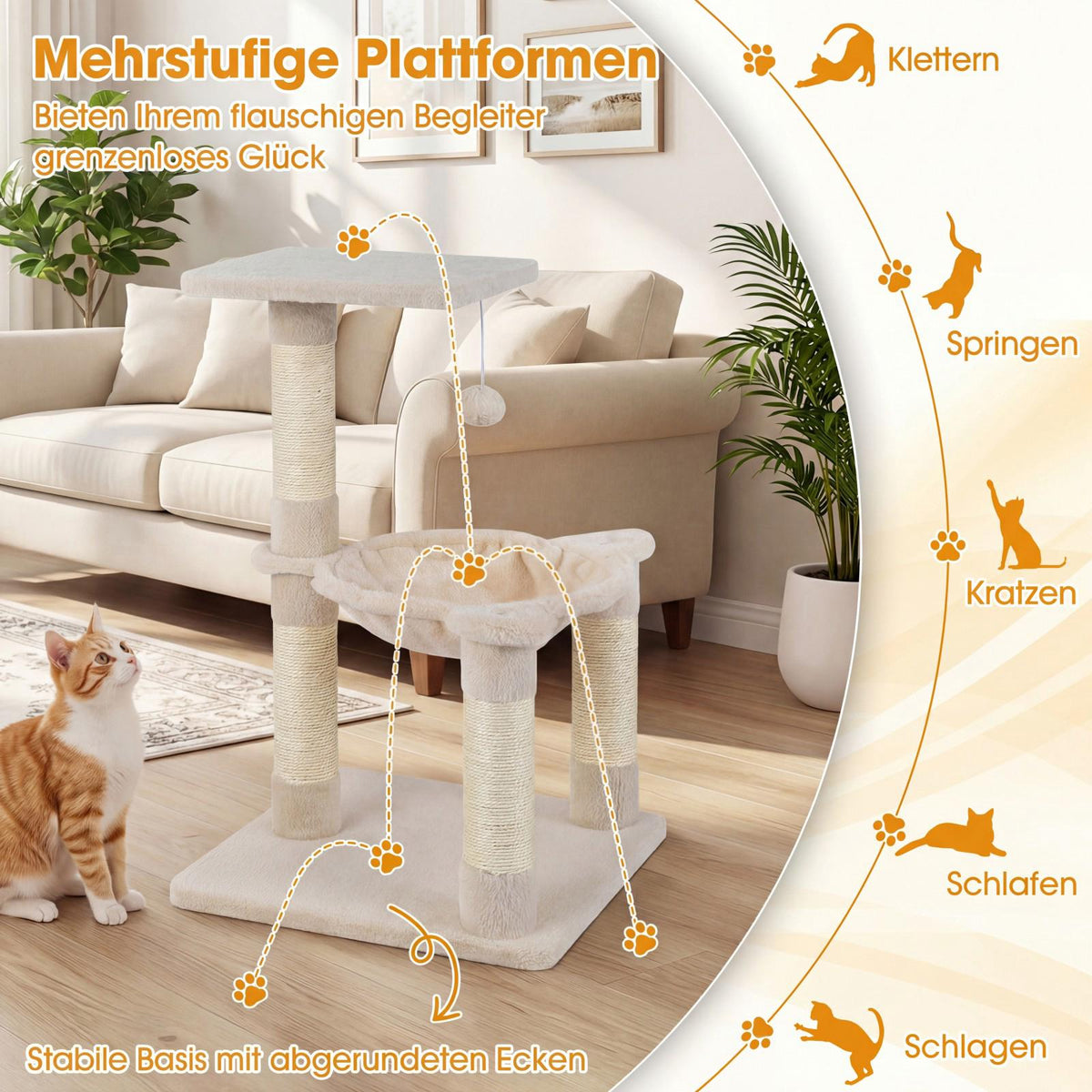 Cat Tree with Hammock and Sisal Posts, 64cm Beige