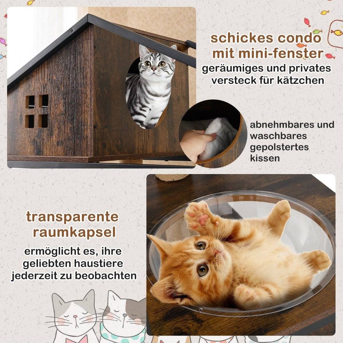 Cat Tree with Hidden Litter Box Cabinet, Brown, Multi-Functional