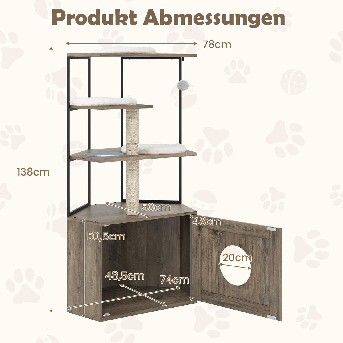 Cat Tree with Litter Box Cabinet, Scratch Posts, Cushions