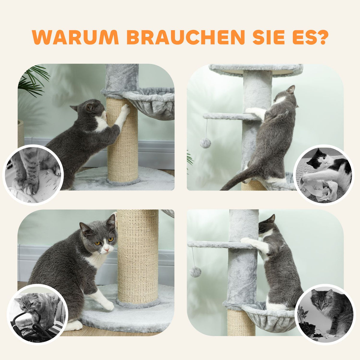 Cat Tree with Sisal Post, Multi-Level, Plush Fabric