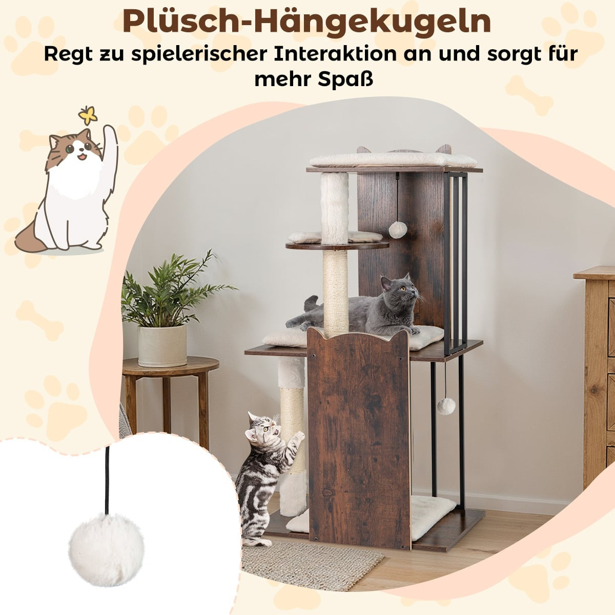 Cat Tree with Sisal Posts, 4 Platforms, Balls, Cushions