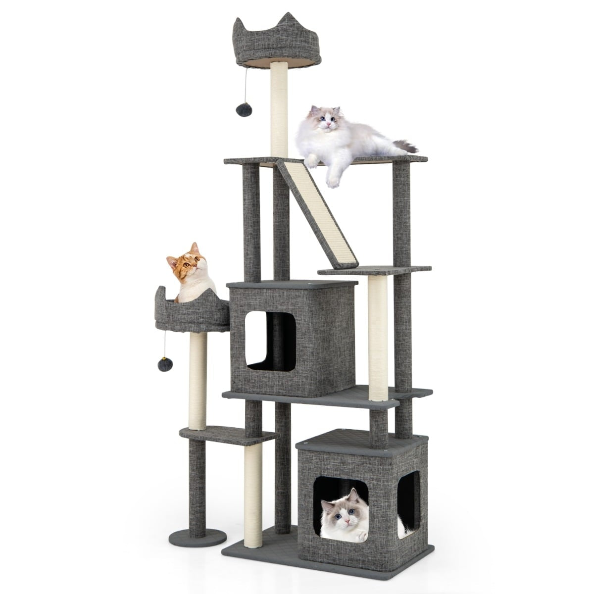 Cat Tree with Sisal Posts, Ladder & 2 Caves, 180 cm Gray