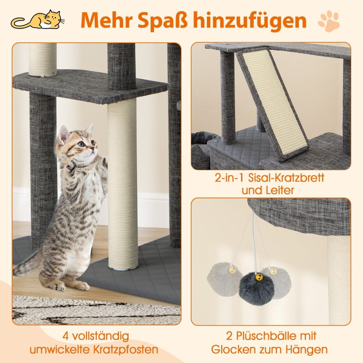 Cat Tree with Sisal Posts, Ladder & 2 Caves, 180 cm Gray