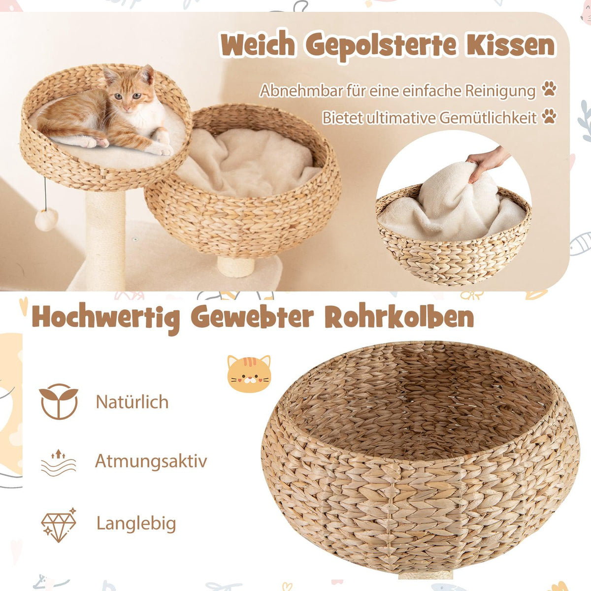 Cat Tree with Sisal Posts and Basket, 104 cm, Beige