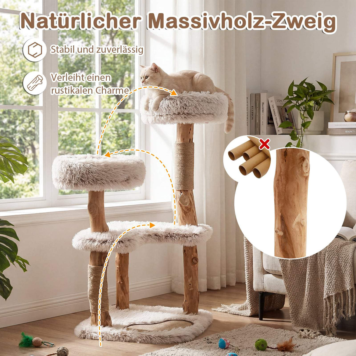 Cat Tree with Solid Wood & Jute Scratching Posts, 101 cm