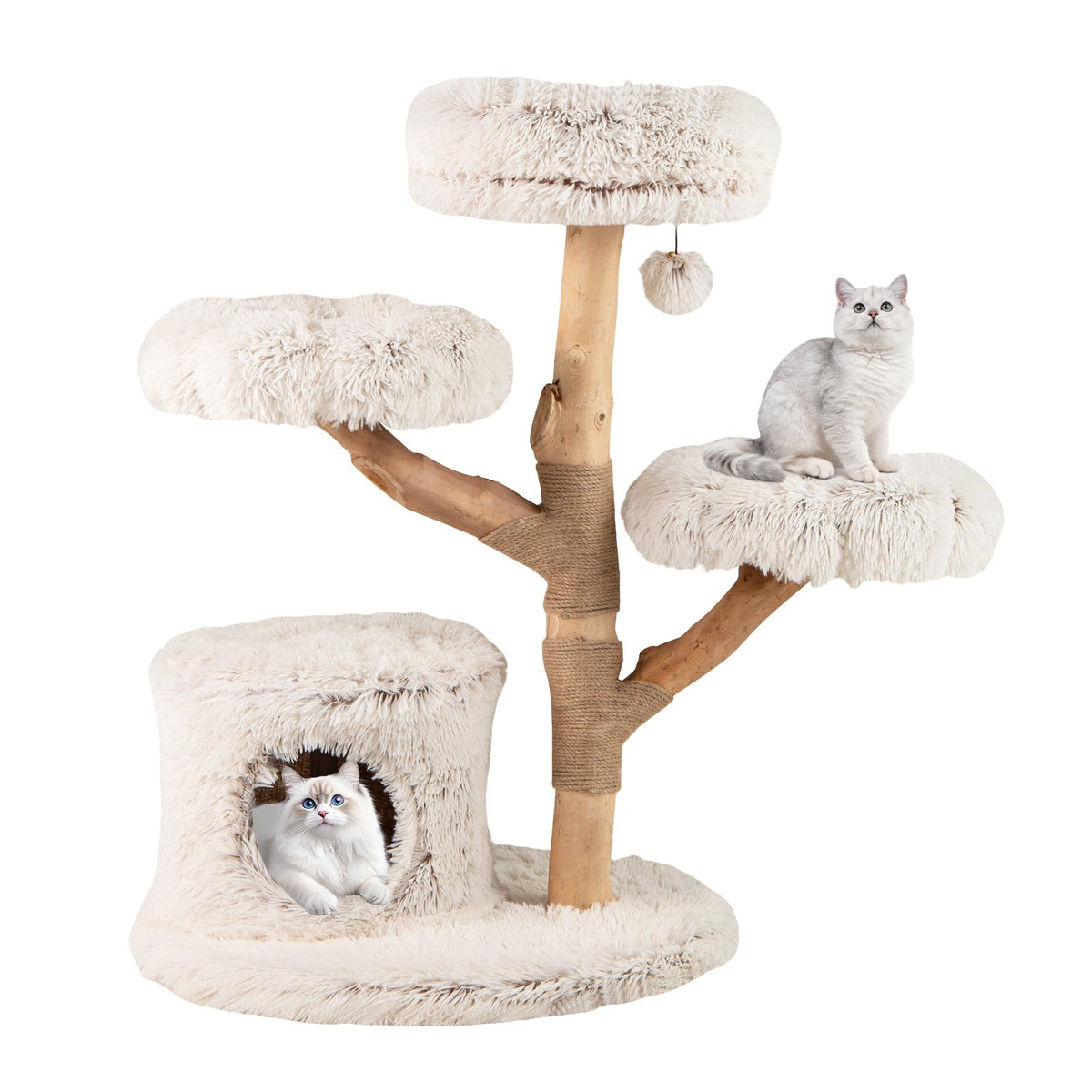 Cat Tree with Solid Wood Post and Plush Platforms, 102 cm
