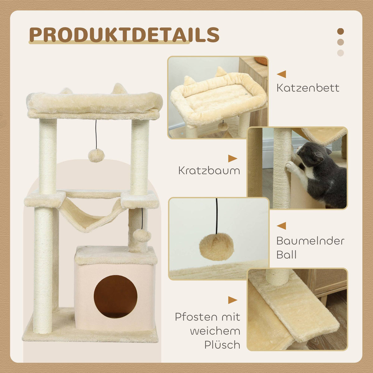Cat Tree with Toys, Hammock & Perch, 48 x 48 x 90 cm, Cream