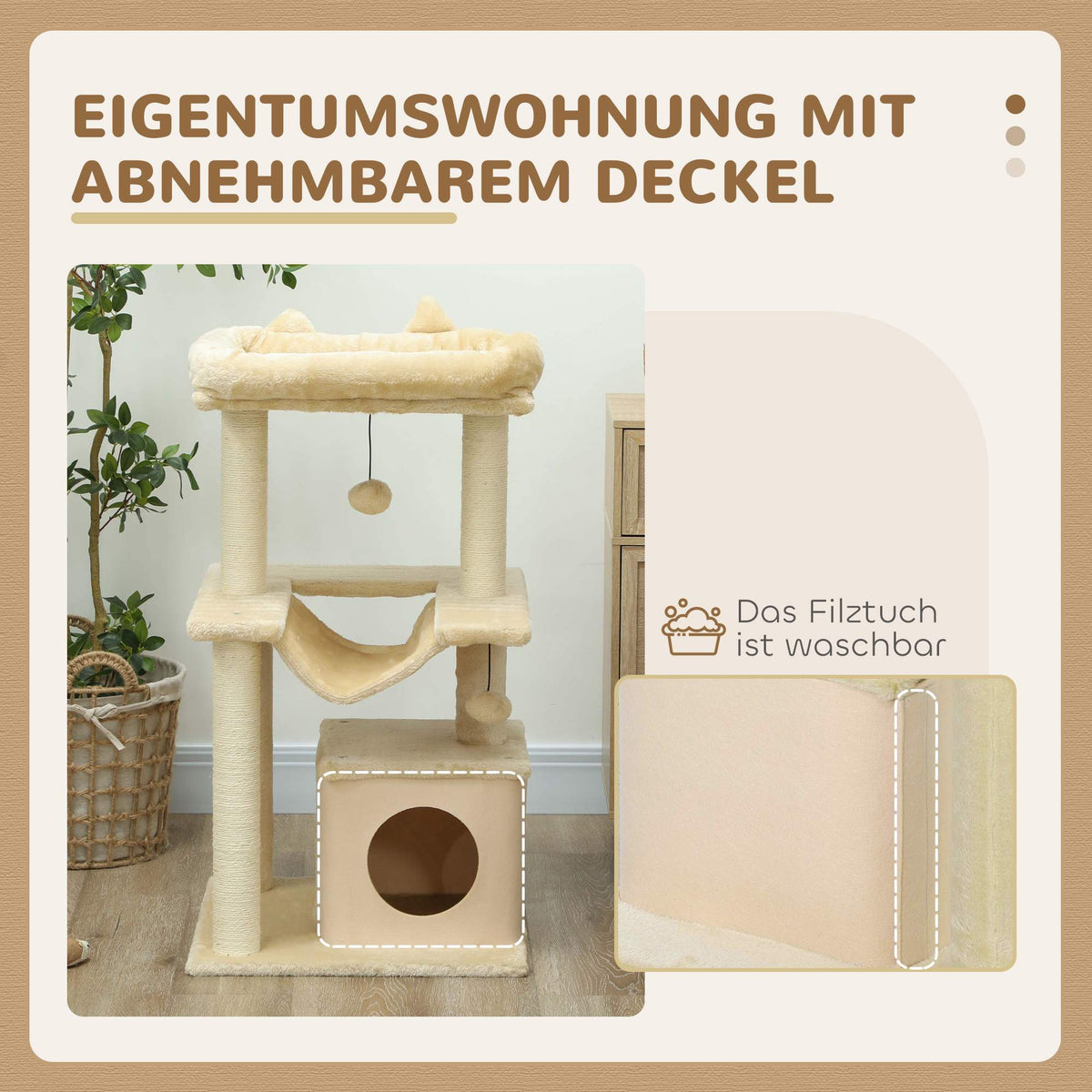 Cat Tree with Toys, Hammock & Perch, 48 x 48 x 90 cm, Cream