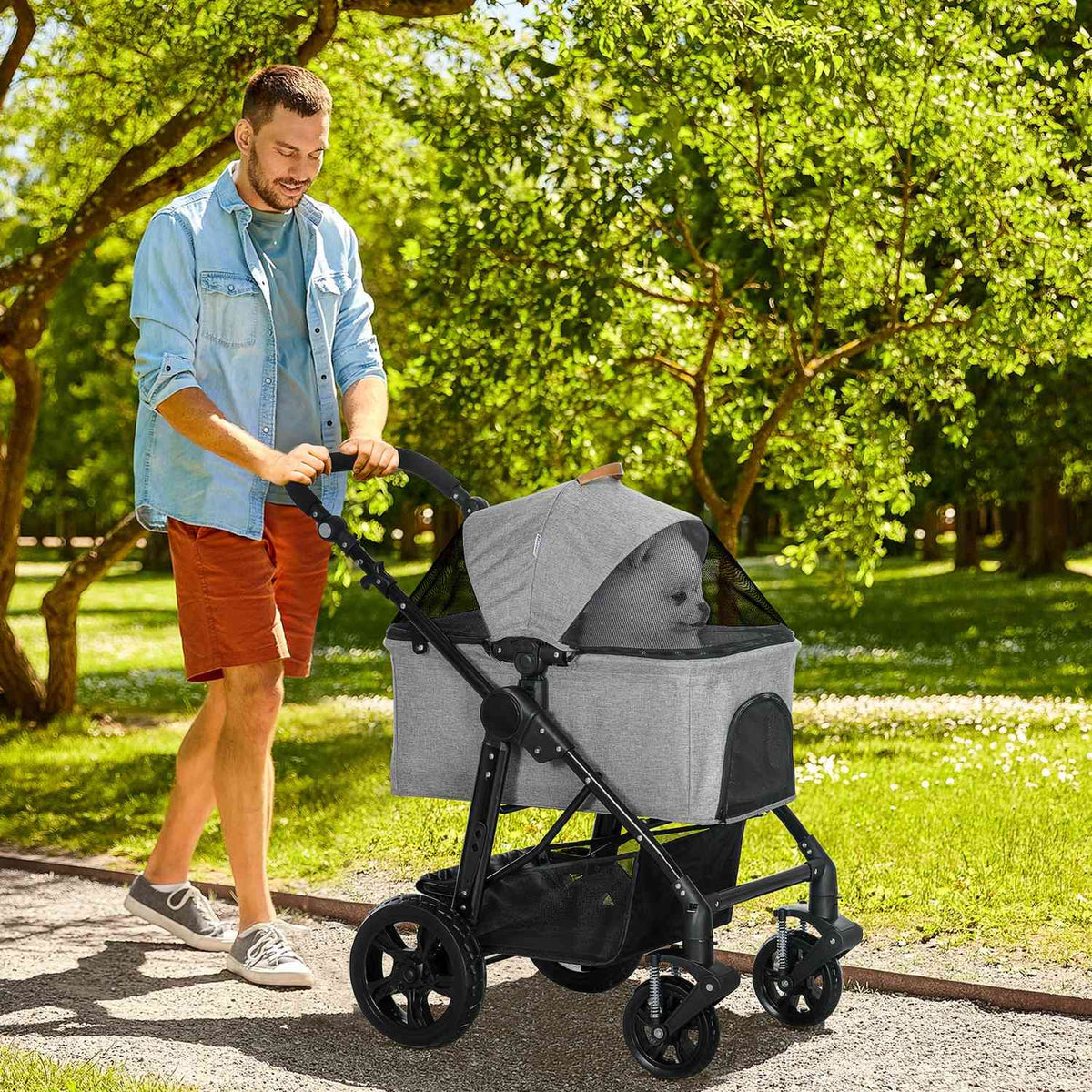 Cat Trolley 2-In-1 Transport Bag Foldable Mesh Window Oxford Gray Up To 10Kg