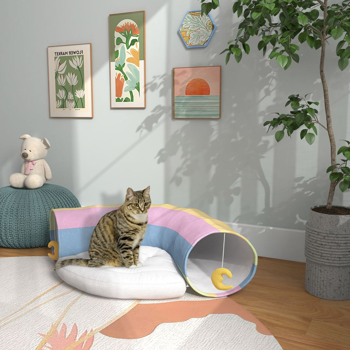 Cat Tunnel Foldable Cat Toy With Play Cushion, Polyester, For Cats & Small Animals