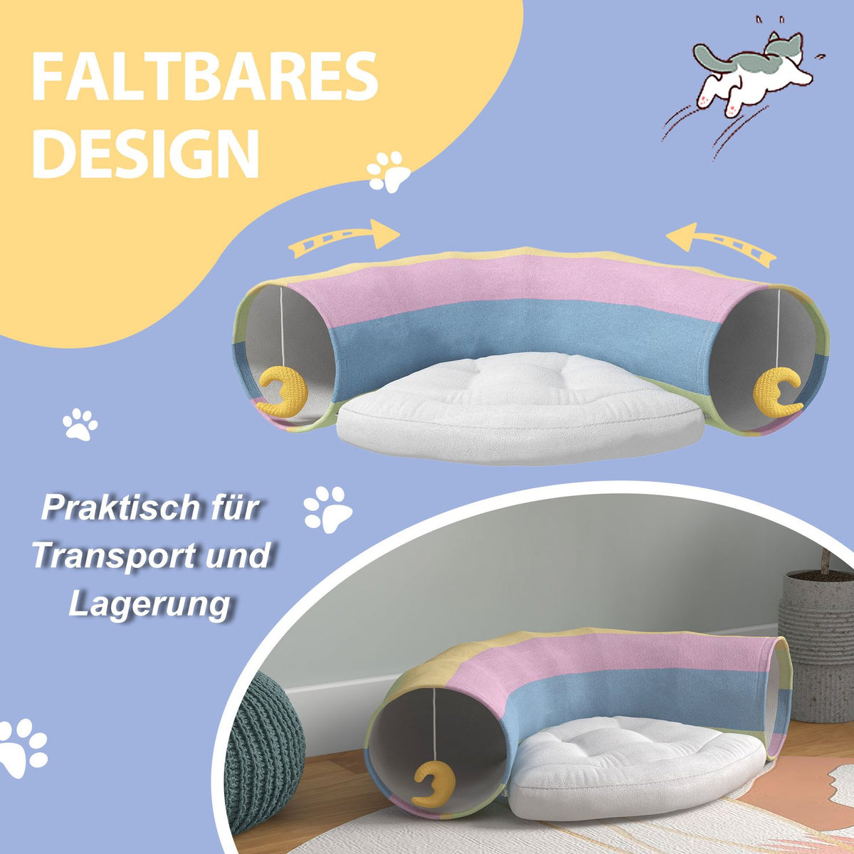 Cat Tunnel Foldable Cat Toy With Play Cushion, Polyester, For Cats & Small Animals