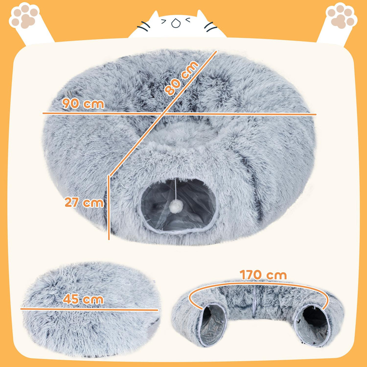 Cat Tunnel, Plush Fabric, Foldable, Metal Frame, Light Gray