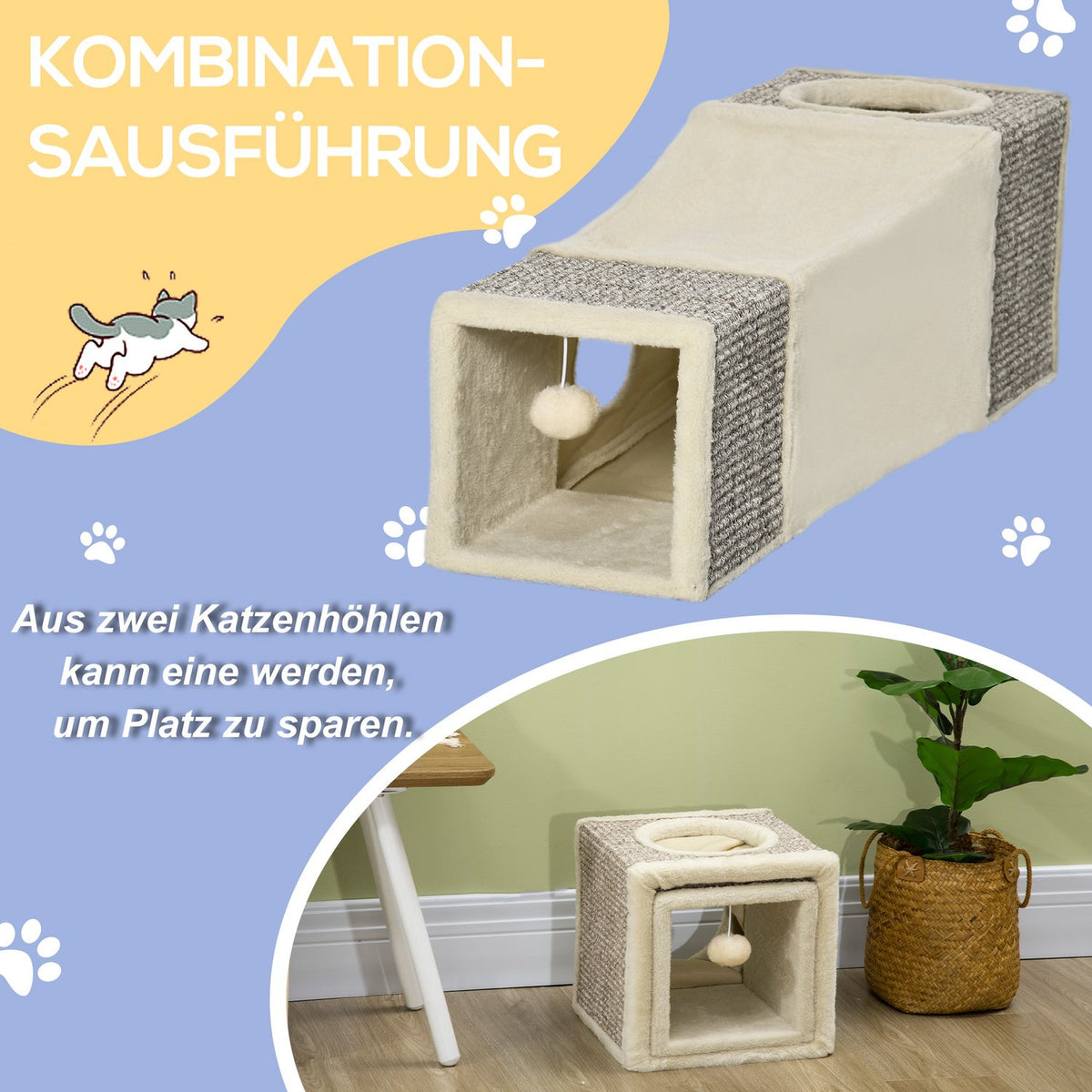 Cat Tunnel With Play Ball, Cat Toy, Play Tunnel Made Of Sisal, Brown + Beige, 98X30X30 Cm