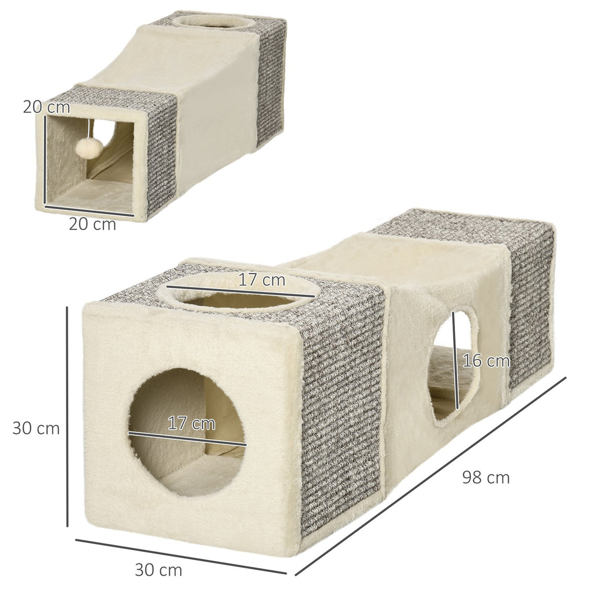 Cat Tunnel With Play Ball, Cat Toy, Play Tunnel Made Of Sisal, Brown + Beige, 98X30X30 Cm