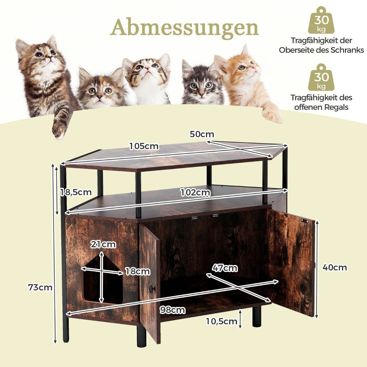 Cat cabinet cat toilet cat litter box cabinet for corner cat house with 2 doors rustic brown