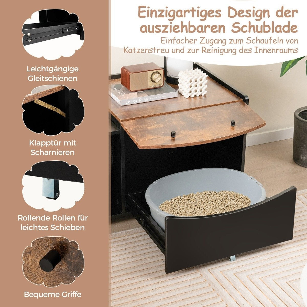 Cat cabinet for cat toilet cat house with pull-out drawer & entrance & hook & folding door 78 x 50 x 51.5 cm