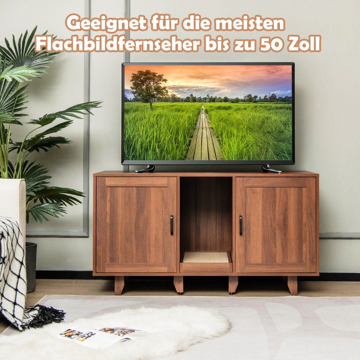 Cat cabinet for cat toilet with 2 doors & scratching board & entrance 120 x 52 x 65 cm coffee