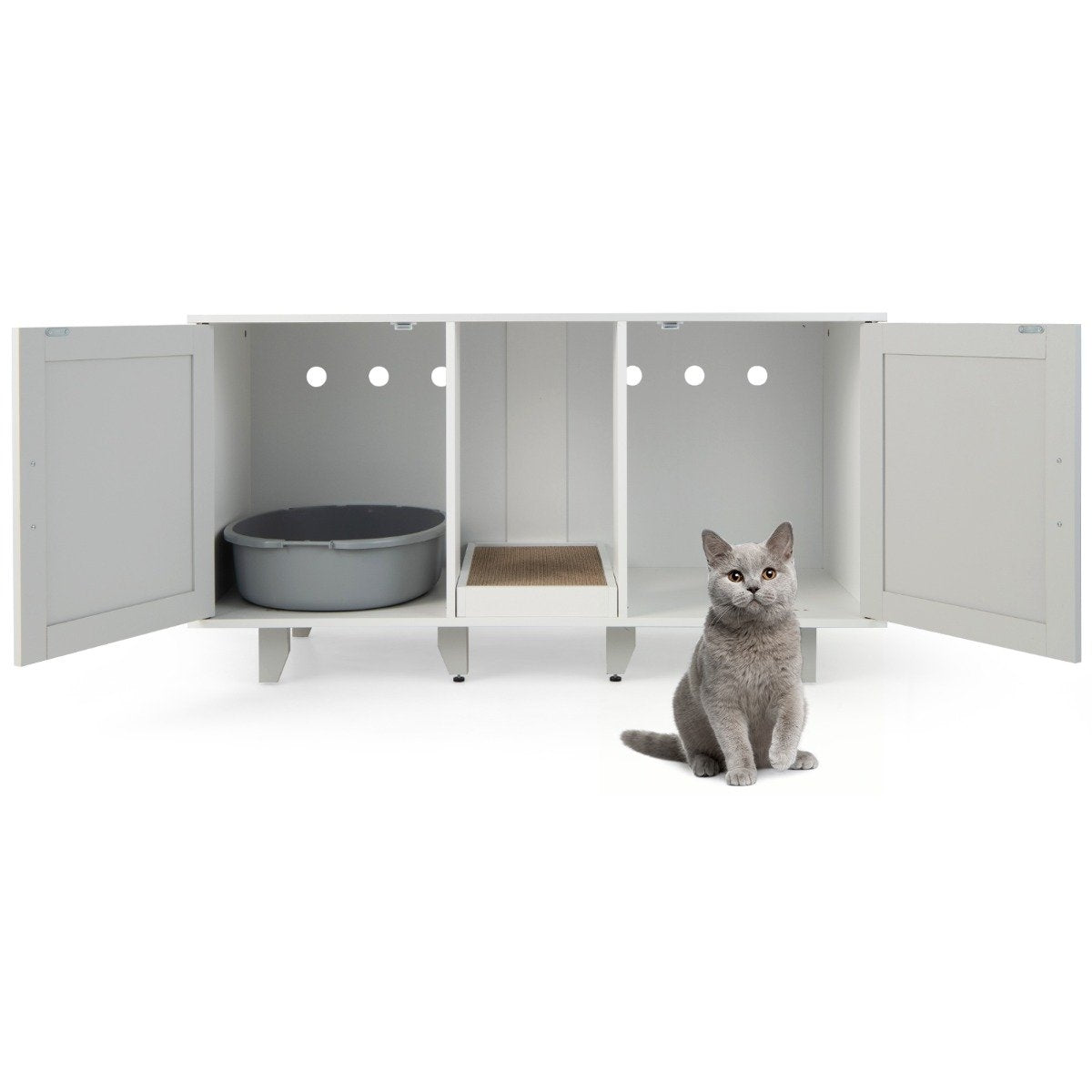 Cat cabinet for cat toilet with 2 doors & scratching board & entrance 120 x 52 x 65 cm light gray