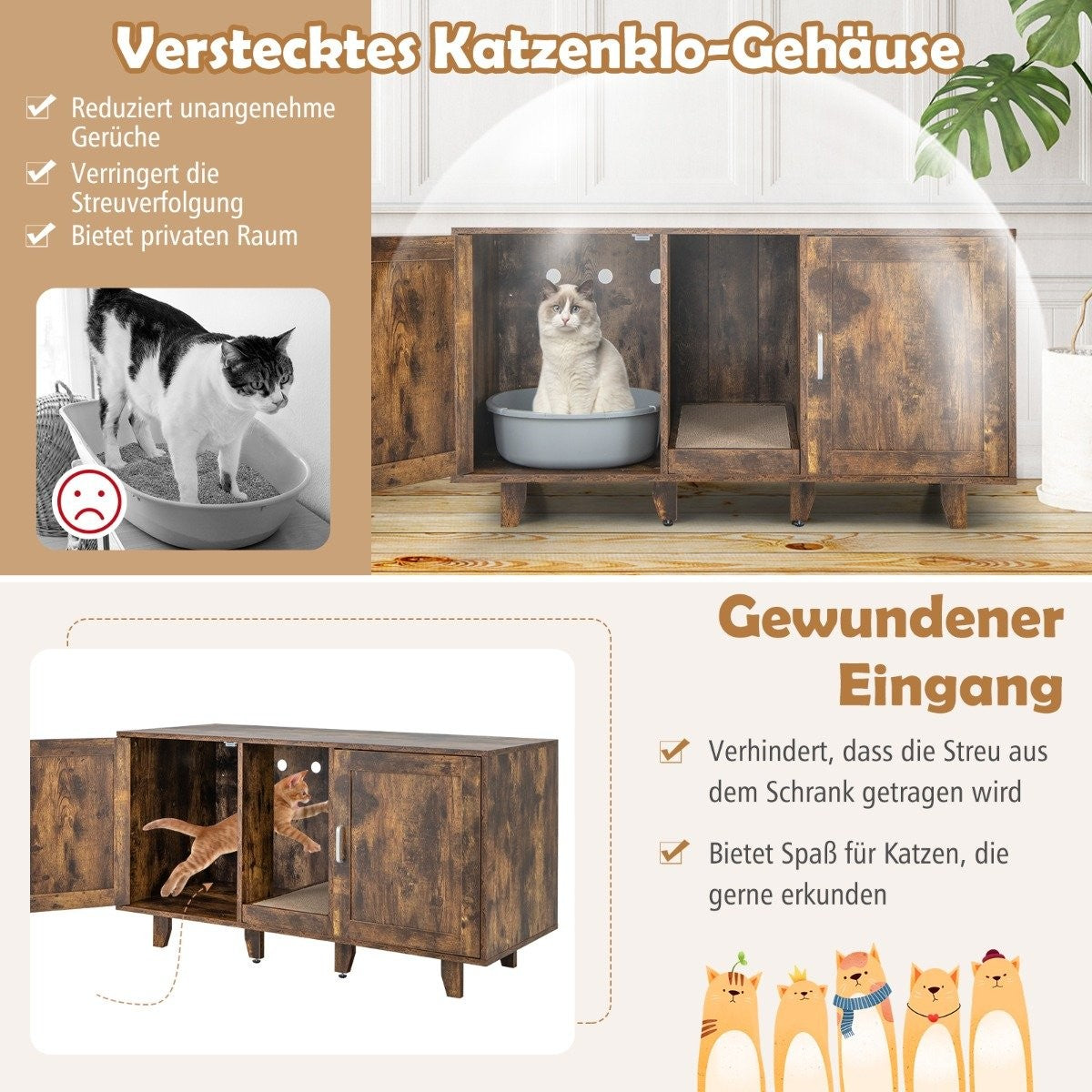 Cat cabinet for cat toilet with 2 doors & scratching board & entrance 120 x 52 x 65 cm vintage