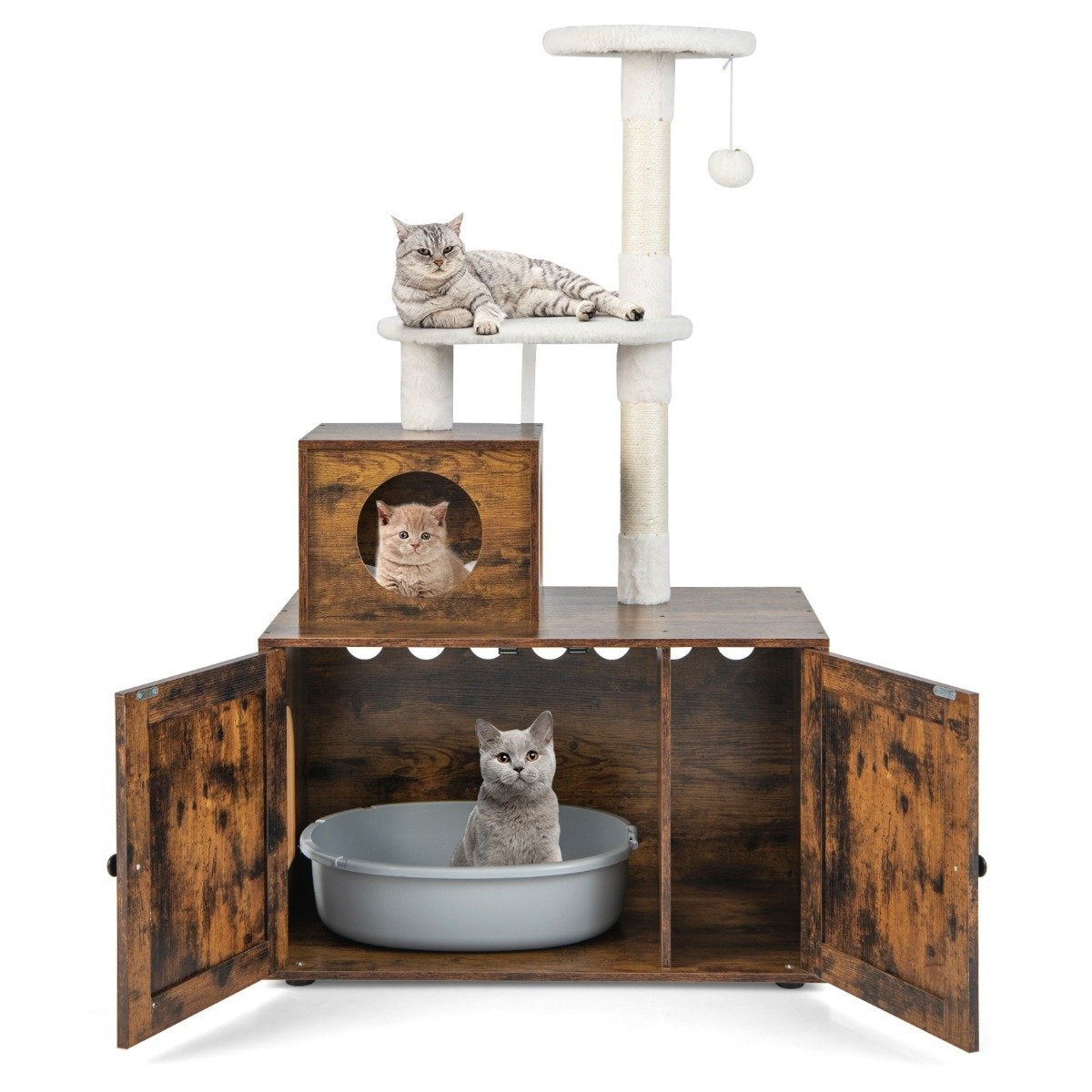 Cat cabinet with scratching post all-in-1 wooden cat house brown 77.5 x 48.5 x 132 cm
