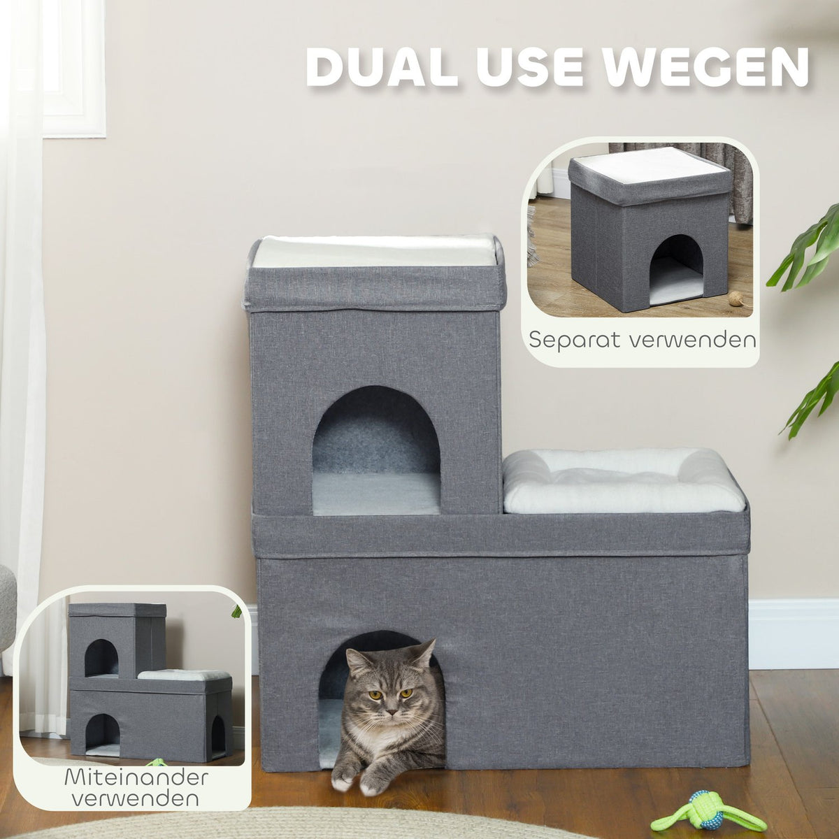 Cat cave cat house, cat house with 3 levels, cat bed with cushion, dog house for cats up to 5 kg, 74 x 37.5 x 78.5 cm, gray