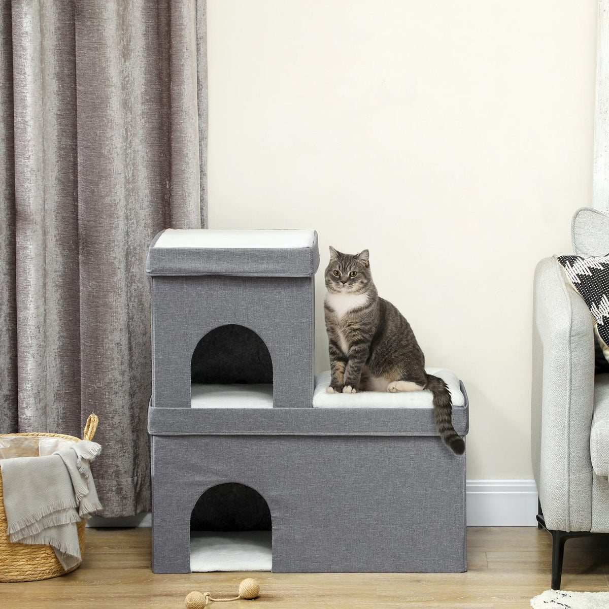 Cat cave cat house, cat house with 3 levels, cat bed with cushion, dog house for cats up to 5 kg, 74 x 37.5 x 78.5 cm, gray