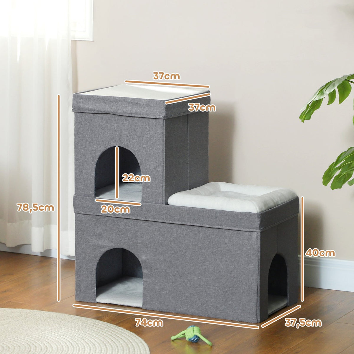 Cat cave cat house, cat house with 3 levels, cat bed with cushion, dog house for cats up to 5 kg, 74 x 37.5 x 78.5 cm, gray