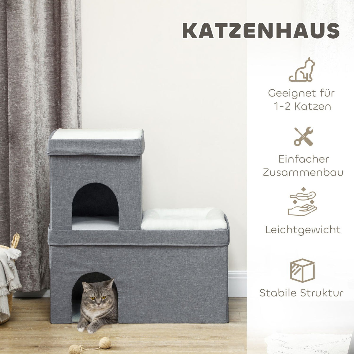 Cat cave cat house, cat house with 3 levels, cat bed with cushion, dog house for cats up to 5 kg, 74 x 37.5 x 78.5 cm, gray