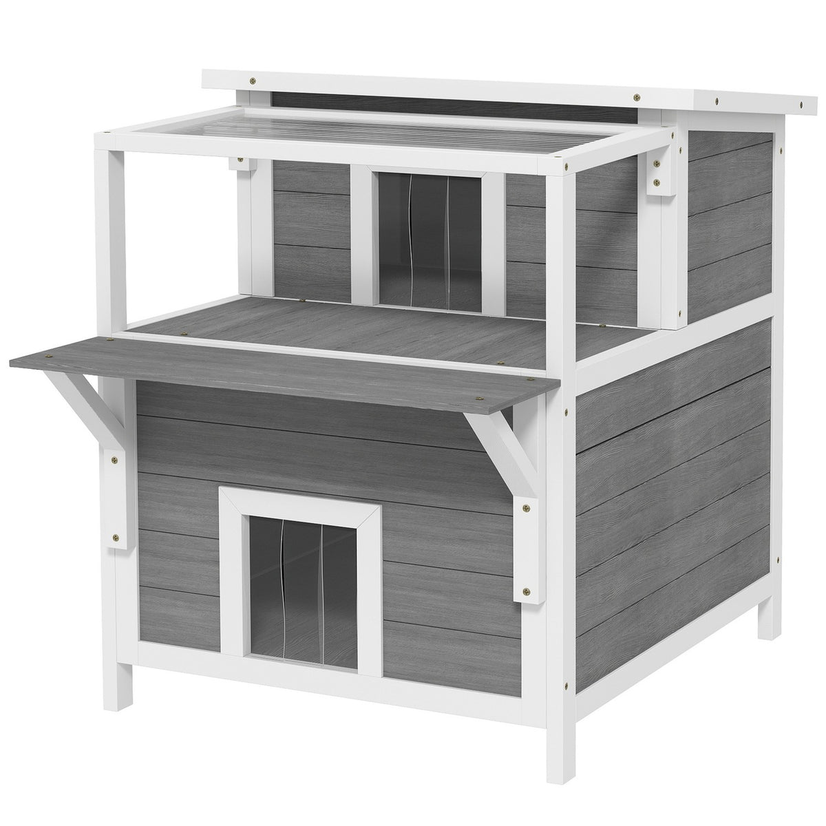 Cat cave, cat house made of fir wood, cat house with balcony, entrances, for cats up to 5 kg, outdoor, 64 x 87 x 76 cm, light gray