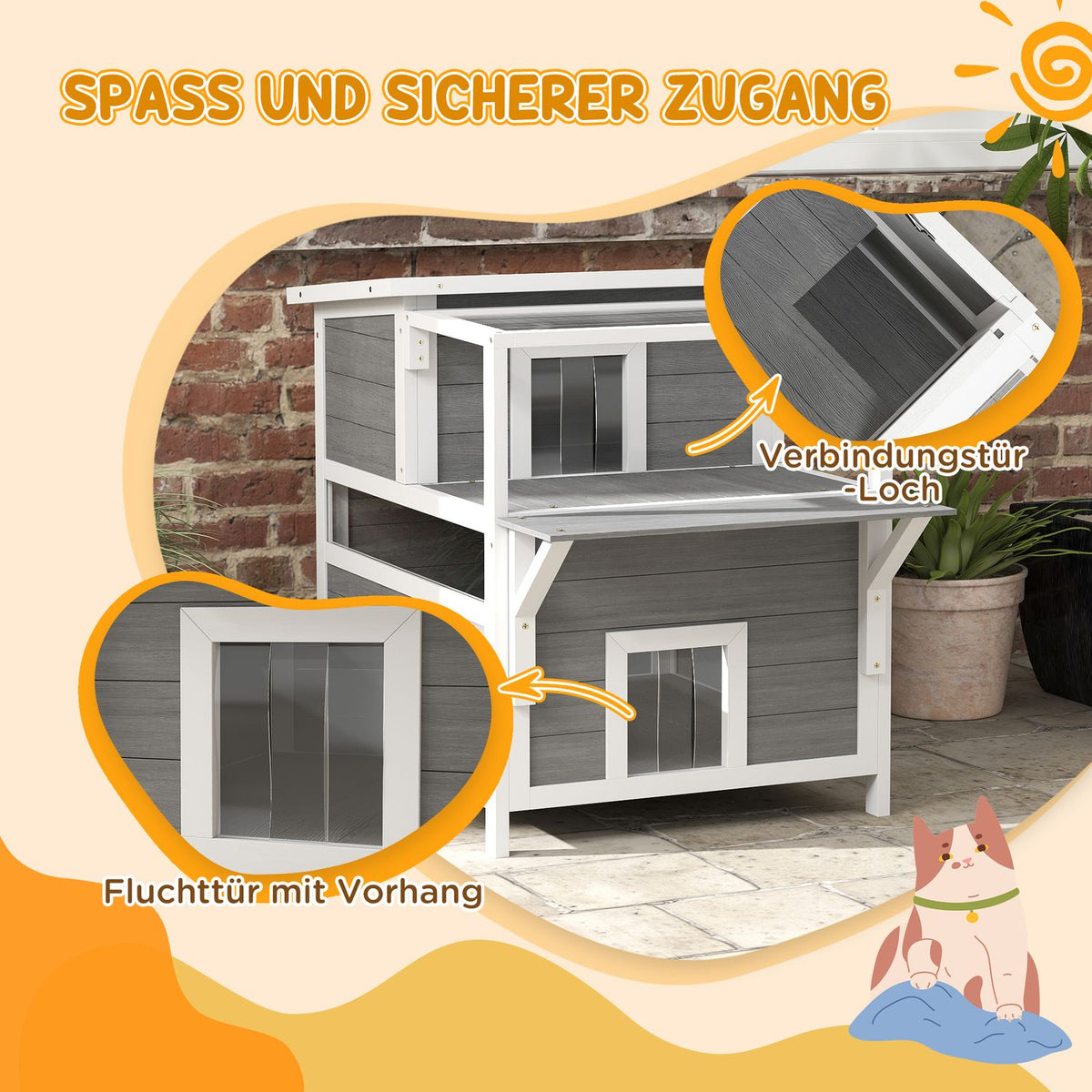 Cat cave, cat house made of fir wood, cat house with balcony, entrances, for cats up to 5 kg, outdoor, 64 x 87 x 76 cm, light gray