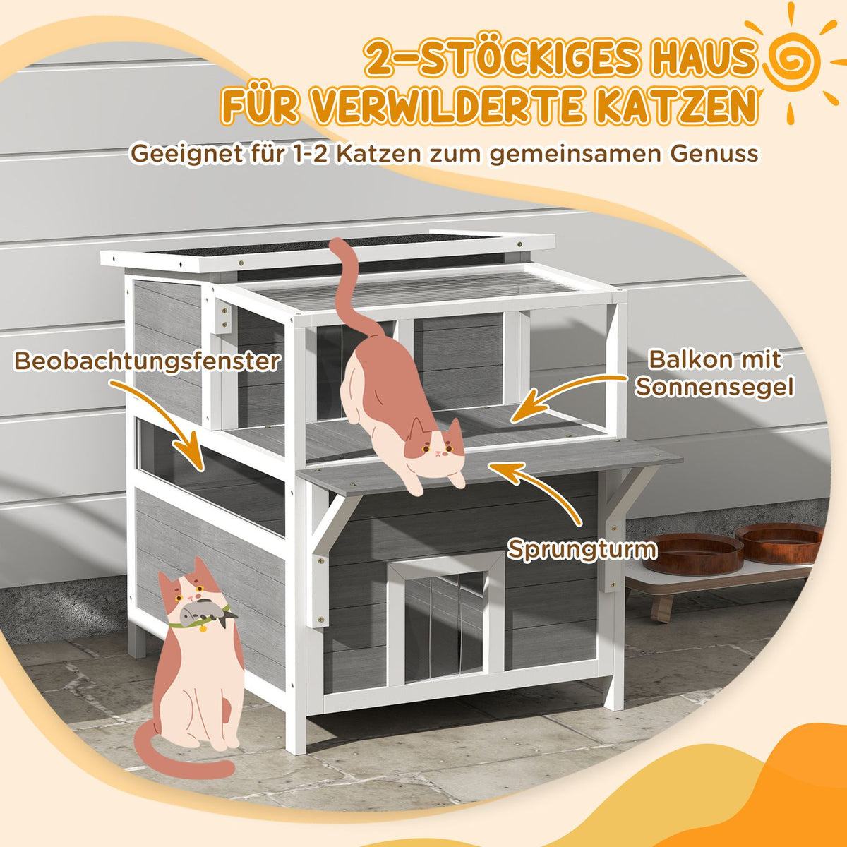 Cat cave, cat house made of fir wood, cat house with balcony, entrances, for cats up to 5 kg, outdoor, 64 x 87 x 76 cm, light gray