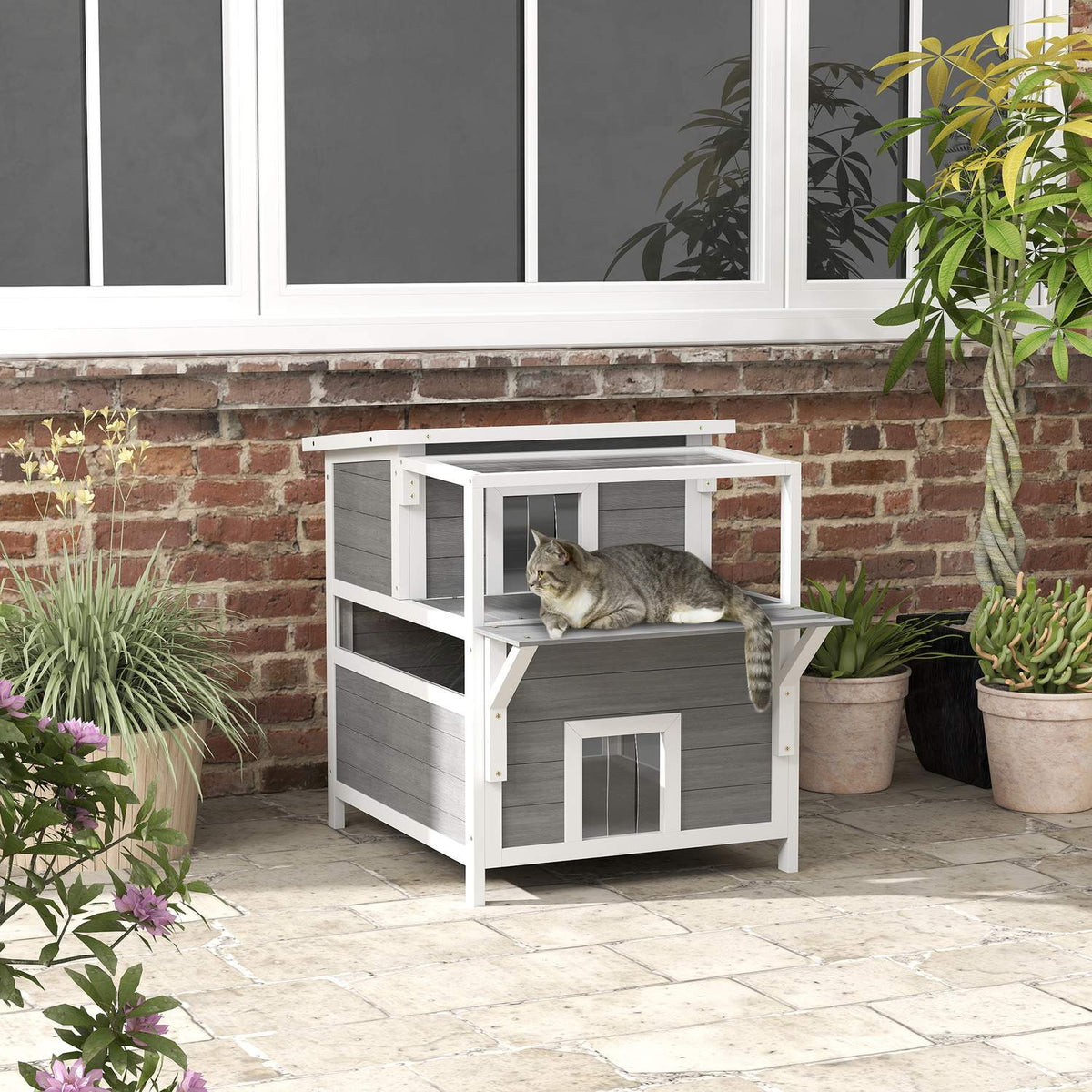 Cat cave, cat house made of fir wood, cat house with balcony, entrances, for cats up to 5 kg, outdoor, 64 x 87 x 76 cm, light gray
