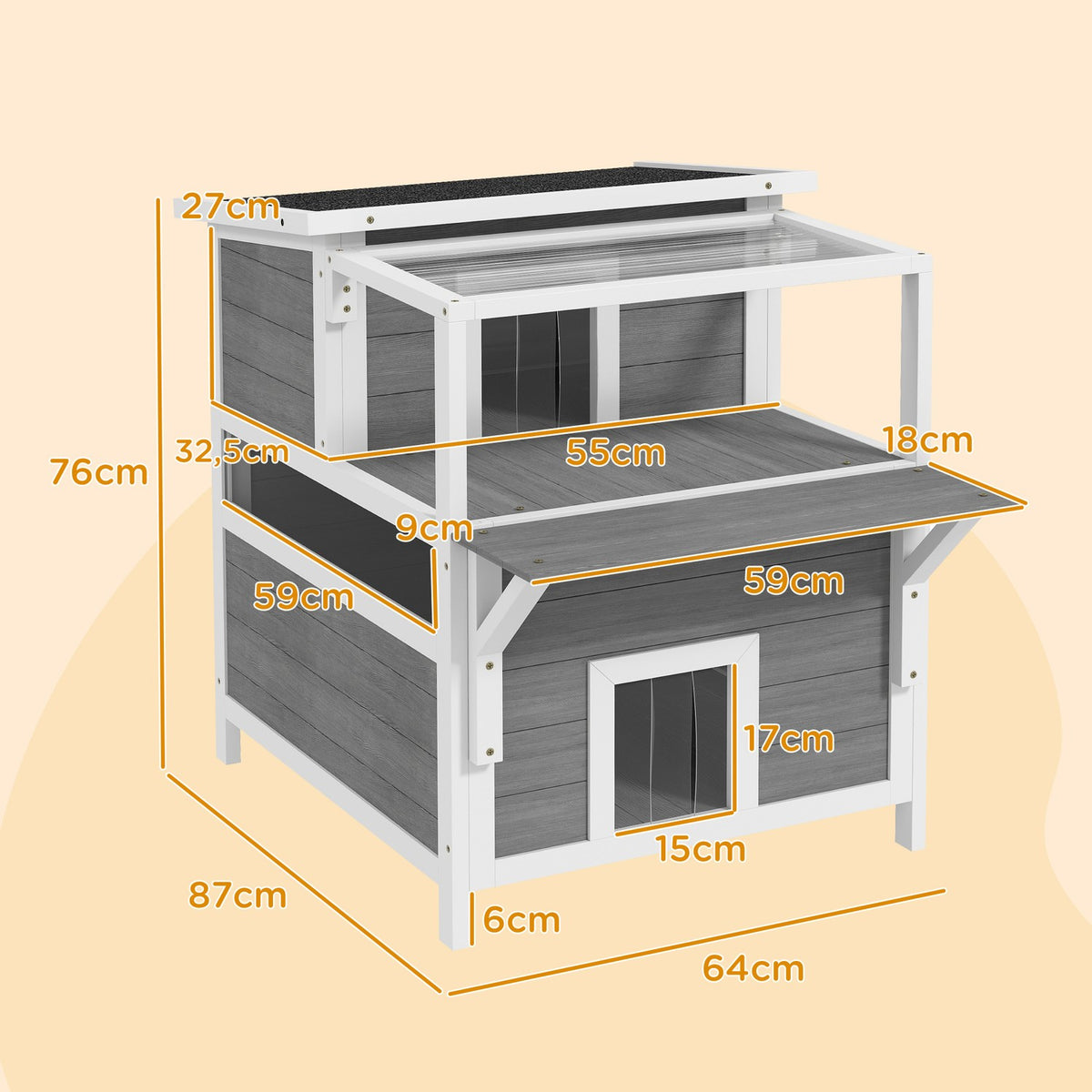 Cat cave, cat house made of fir wood, cat house with balcony, entrances, for cats up to 5 kg, outdoor, 64 x 87 x 76 cm, light gray