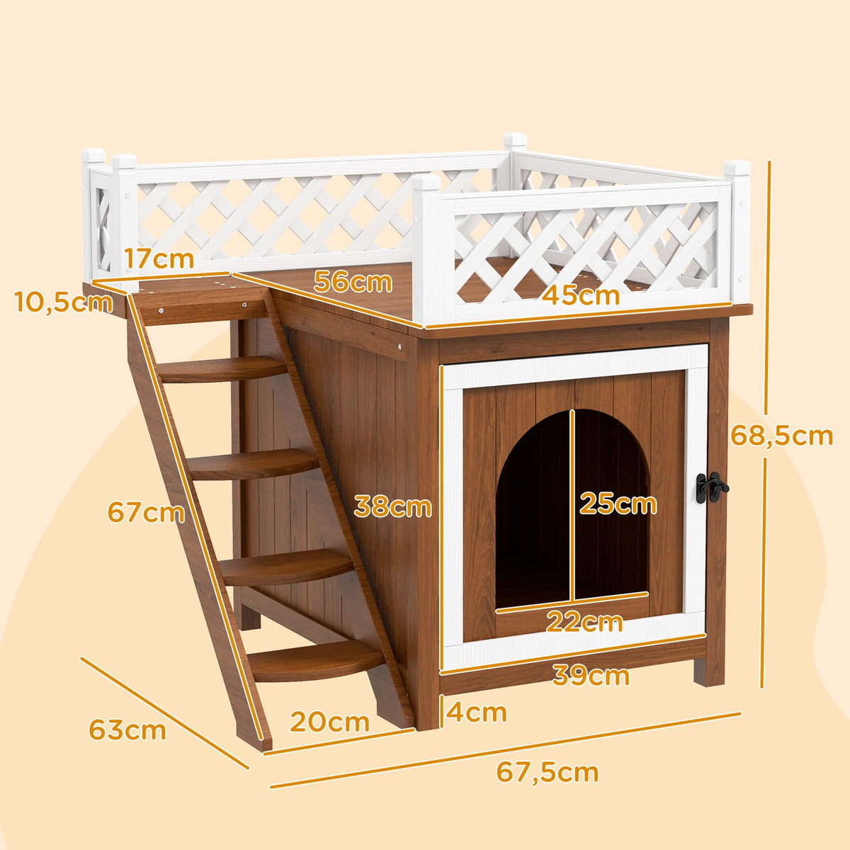 Cat cave, cat house made of fir wood, cat house with balcony, stairs, for cats, rabbits up to 6 kg, indoor, outdoor 67.5 x 63 x 68.5 cm, brown