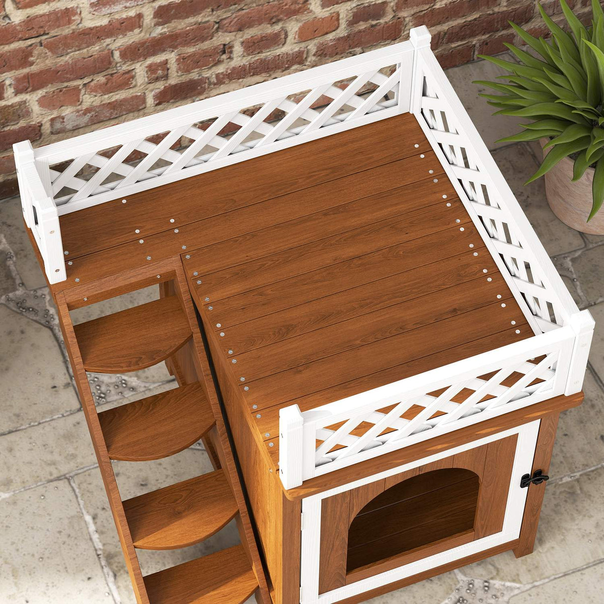 Cat cave, cat house made of fir wood, cat house with balcony, stairs, for cats, rabbits up to 6 kg, indoor, outdoor 67.5 x 63 x 68.5 cm, brown