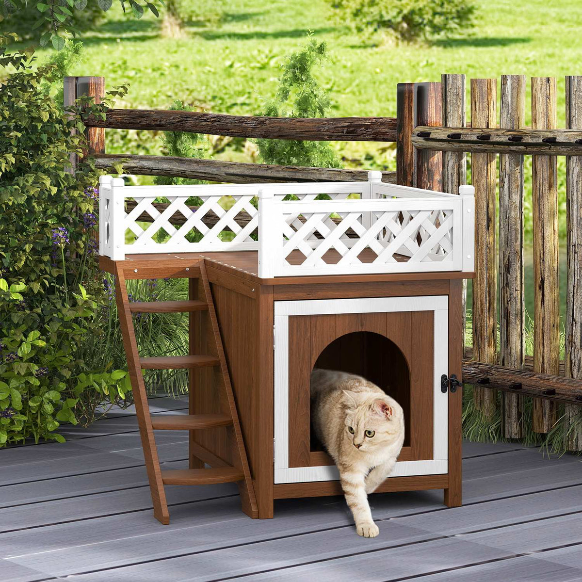 Cat cave, cat house made of fir wood, cat house with balcony, stairs, for cats, rabbits up to 6 kg, indoor, outdoor 67.5 x 63 x 68.5 cm, brown