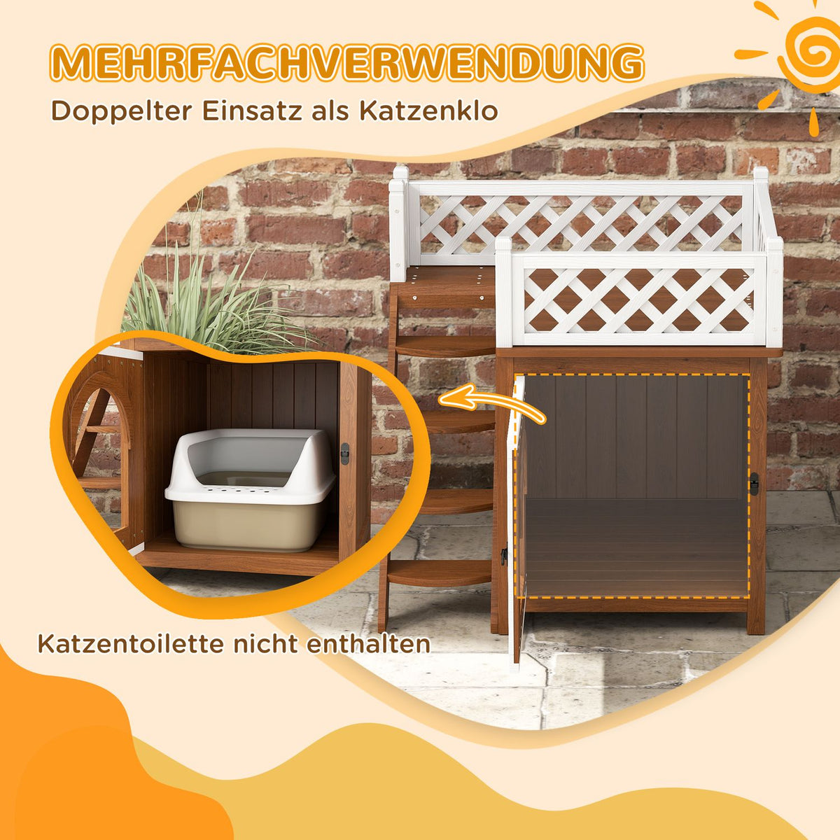 Cat cave, cat house made of fir wood, cat house with balcony, stairs, for cats, rabbits up to 6 kg, indoor, outdoor 67.5 x 63 x 68.5 cm, brown