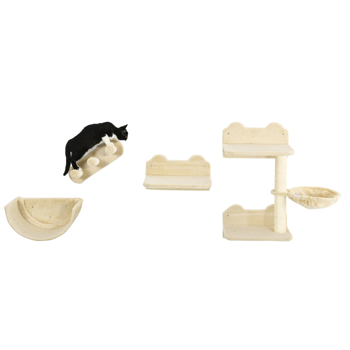 Cat climbing wall 4 pieces, climbing cat scratching post with cat stairs, hammock, jumping platform, wall scratching post, wall cat furniture, up to 5 kg