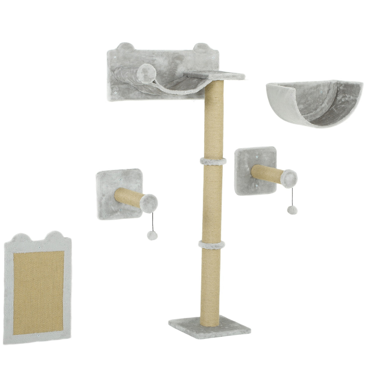 Cat climbing wall 5 pieces. Climbing cat scratching post with scratching posts, hammock, jumping platform, wall scratching post, wall cat furniture for cats up to 5 kg, polyester, light gray